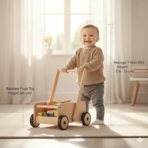 Side-by-side comparison of a standard wooden push toy height relative to an average 1 year old child.