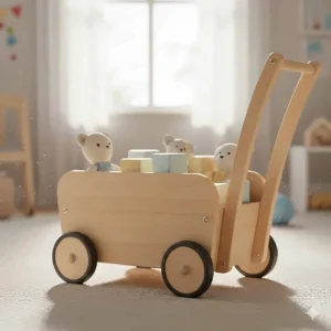 A wooden push toy wagon filled with plush blocks, ideal for a 1 year old to practice walking and hauling toys.