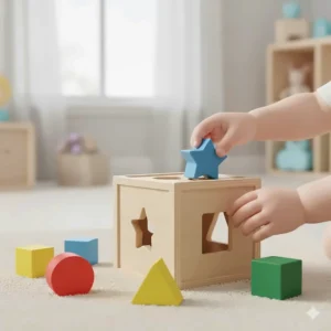 Classic wooden shape sorting cube with colorful blocks for 18-month-old sensory play.