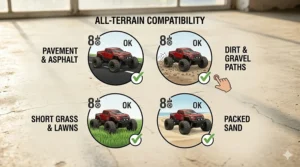 Icons representing different outdoor surfaces suitable for an all-terrain RC car for 8-year-olds.