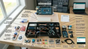 Labeled infographic showing every electronic component inside a standard Arduino Mega starter kit.