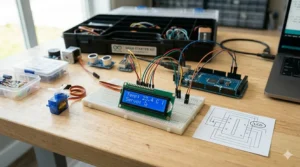 Connecting a 16x2 LCD screen module to an Arduino Mega for data visualization.