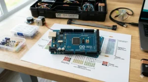Detailed pinout diagram of the Arduino Mega board included in the starter kit.
