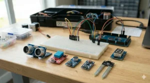 Collection of ultrasonic, DHT11, and PIR motion sensors found in an Arduino Mega starter kit.