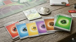 A detailed close-up of basic Pokémon energy cards (Fire, Water, Grass, Lightning, Psychic, Fighting) fanned on a rustic wooden table with a metallic Meowscarada coin.
