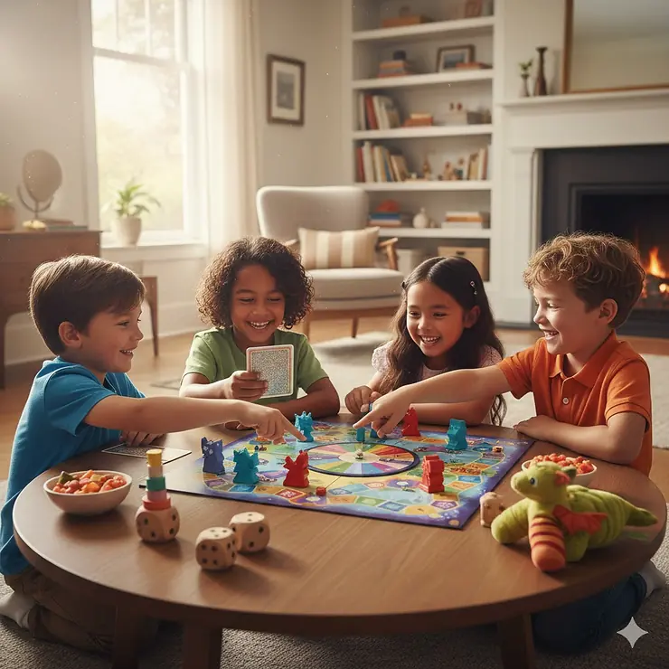 A group of diverse kids smiling and playing a colorful tabletop board game for 6 year olds. board games for 6 year olds