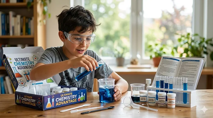 A preteen student performing a colorful liquid experiment using a professional chemistry set for 12 year old kids.