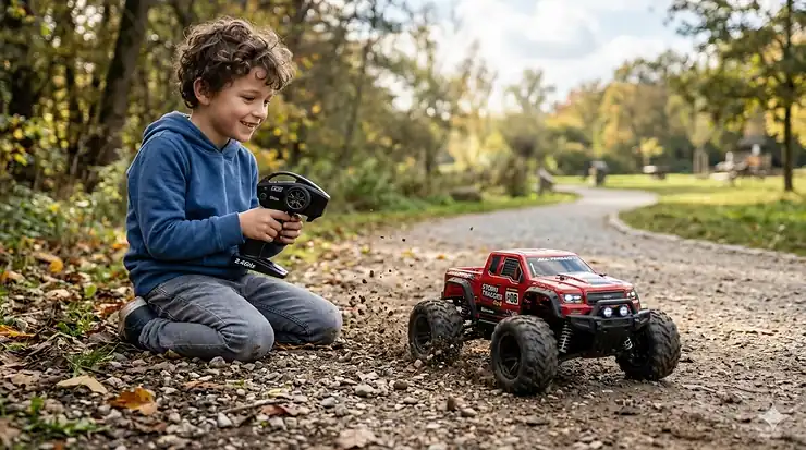 A young boy smiling while controlling a red off-road RC monster truck on a gravel path. rc cars for 8 year old
