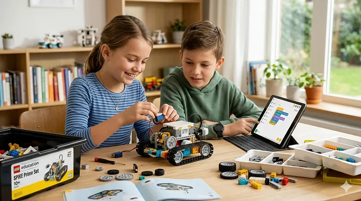 A 10-year-old boy and girl smiling while building a programmable STEM robotics kit at a desk. robotics kit for 10 year old