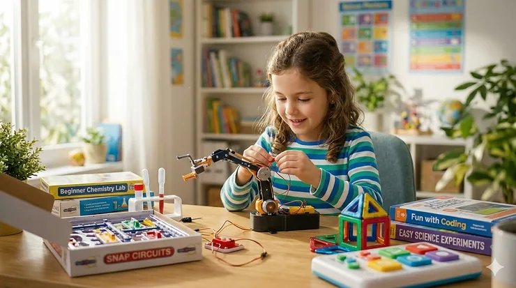 A 7-year-old girl building a programmable robot at a desk surrounded by colorful STEM learning kits. stem toys for 7 year old