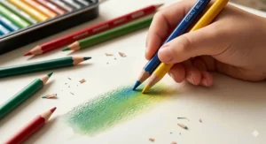 A close-up illustration of two colors blending smoothly to create a gradient, demonstrating professional colored pencil quality for kids.