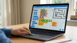 Colorful visual code blocks snapped together to create a character movement script for kids.