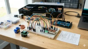 Prototyping a circuit using a breadboard and jumper wires from an Arduino Mega starter kit.