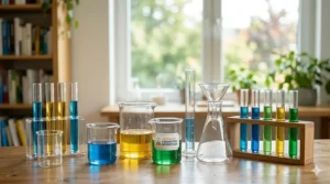 High-quality lab glassware including beakers and test tubes from a premium chemistry set for 12 year olds.