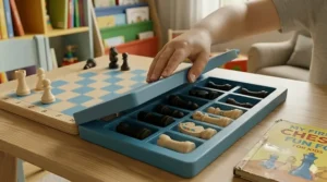 A close-up of a child's hand interacting with a magnetic folding chess set for kids, revealing the custom-fitted storage slots that keep both standard wooden and flexible silicone pieces organized.