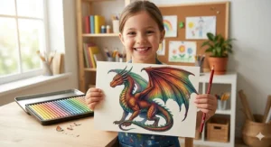An illustration of a young artist proudly holding up a vivid, professionally shaded dragon drawing made with high-quality colored pencils.