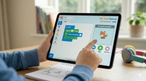 A photorealistic close-up of a child's hands interacting with a tablet screen displaying a colorful, simplified block-based mobile coding game interface with a character preview, designed for kids.