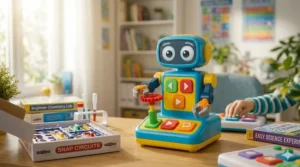 Illustration of a colorful toy robot with easy-to-use coding buttons designed for 7-year-old beginners.