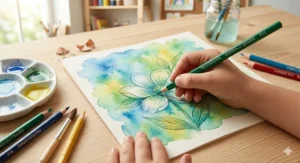Illustration of professional colored pencils for kids being used alongside a watercolor wash to create mixed media art.