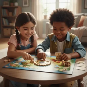 Two children working together to solve a puzzle in a cooperative board game for 6 year olds.