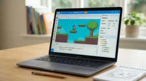 A photorealistic screen view of a 2D game development environment, displaying a simple platformer being edited and a corresponding text-based Python code snippet for kids.