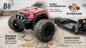 Close-up illustration of crash-resistant bumpers on an RC car for 8-year-old beginners.