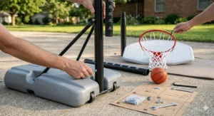 A photorealistic 4K illustration displaying the disassembled components and multi-stage assembly process of a kids' adjustable basketball hoop, including the base, poles, and backboard with tools.