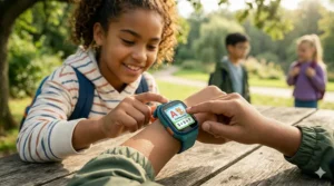 A child's smartwatch displaying a math puzzle game designed for elementary school students.