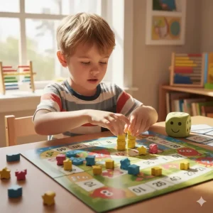 A child counting colorful tokens while playing an educational math board game designed for first graders.