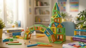 A child-built architectural structure using geometric magnetic STEM building toys.