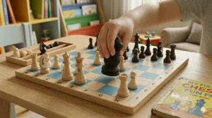 A photorealistic 4k macro close-up of a child's hand gripping and moving a soft, flexible black silicone chess piece on a blue and birch wood chessboard.