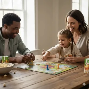 Parents and their 6 year old daughter enjoying a fun family board game night at the kitchen table.
