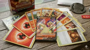 A detailed photorealistic close-up of a powerful Fire-type Pokémon V starter deck, featuring a holographic Hisuian Typhlosion V card, basic Fire Energy cards, and specific Trainer cards fanned out.
