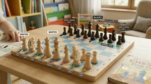 A photorealistic educational 4k diagram showing the correct initial setup of a chess set for kids, complete with simplified graphical overlays, colored arrows, and friendly piece icons.