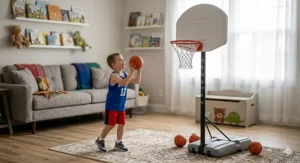 A photorealistic 4K image of a child in a jersey playing with an adjustable kids' basketball hoop inside a sunlit playroom with a sofa and toys in the background.