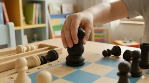 A close-up, high-detail photograph of a child's hand squeezing a flexible, non-toxic silicone chess piece from the kids' chess set, demonstrating its durable and safe material.