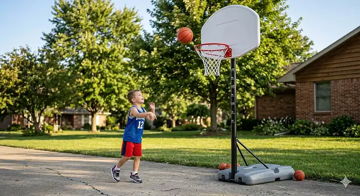 A photorealistic 4K image showing a young boy in a jersey shooting a basketball into an adjustable kids' basketball hoop set up in a driveway with trees in the background. kids basketball hoop adjustable