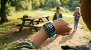 An activity tracker interface on a smartwatch displaying daily steps and goals for an active 10-year-old.