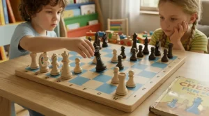 A photorealistic 4k close-up illustration of two young children deeply concentrated on a game using a blue and birch wooden chess set for kids, set in a bright playroom.