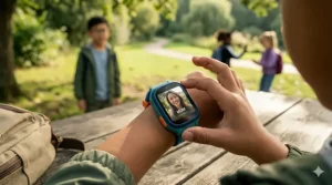 Close-up of a smartwatch for age 10 showing an incoming video call from a parent.