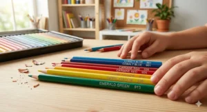 Close-up illustration of the silver-embossed color names and numbers on the barrels of professional-grade pencils for children.