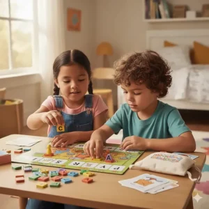 Kids matching letter tiles in a literacy-focused board game for 6 year olds learning to read.