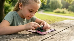 A kid's smartwatch connected to a magnetic charger highlighting long battery life features.