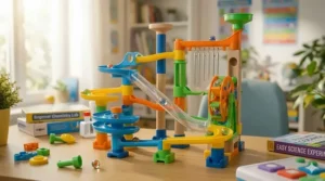 A complex marble run track illustrating gravity and kinetic energy concepts for primary school children.