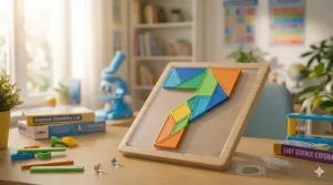 Colorful geometric tangram puzzles used as a mathematical STEM toy for 7-year-old logic development.