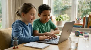 A photorealistic medium shot of a 10-year-old girl and her friend collaborating on a shared coding project using Python on a laptop in a sunlit home study.