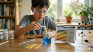 A pH scale color change experiment using indicator strips from a chemistry set for 12 year old students.