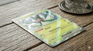 A detailed photorealistic close-up of a single holographic Pokémon Meowscarada ex card, fanned with others on a rustic wooden table under natural daylight, showcasing dynamic foil patterns.