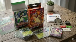 A detailed photorealistic comparison of a Pokémon TCG Meowscarada ex Deluxe Battle Deck and a Hisuian Typhlosion V Battle Deck, showing both open boxes fanned out with their respective cards.