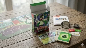 Unboxing the Meowscarada ex Deluxe Battle Deck: A 60-card starter deck, a fanned holographic card, a large metallic coin, playmat, and condition markers are neatly laid out on a rustic wooden table.